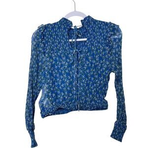 Free People Roma Floral Printed Blouse Top Smocked Sheer Ruffle‎ XS Blue Boho